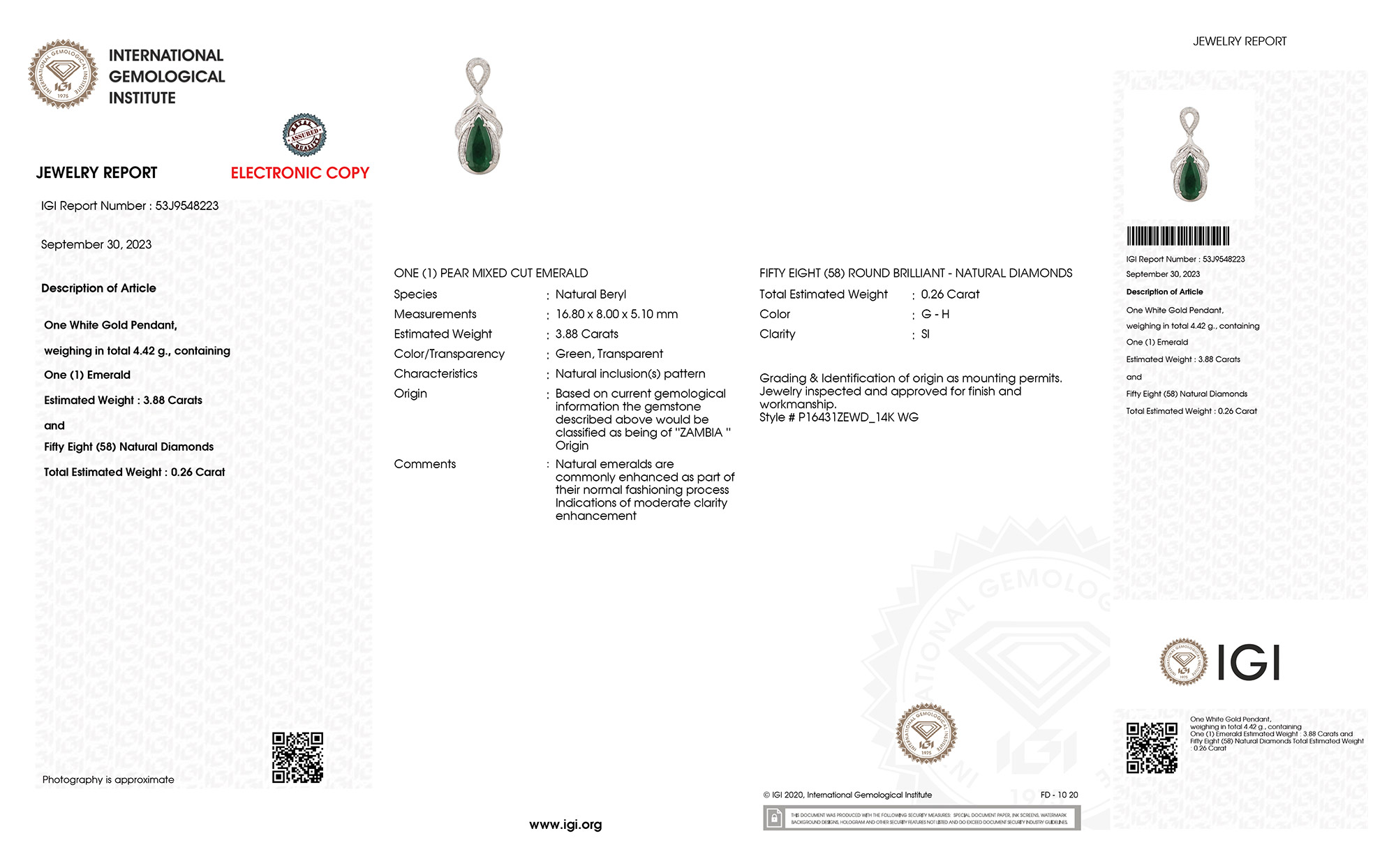 IGI Certified 4.14 Carat Genuine Zambian Emerald and White Diamond 14K White Gold Pendant-International Gemological Institute Diamond Report