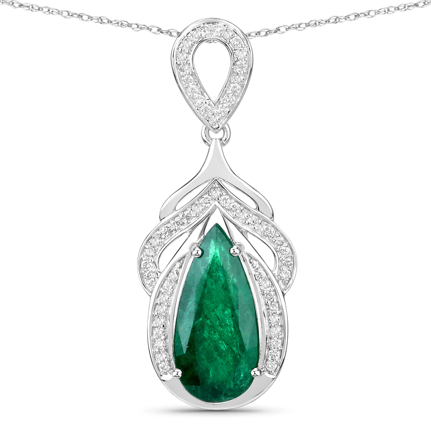 IGI Certified 4.14 Carat Genuine Zambian Emerald and White Diamond 14K White Gold Pendant