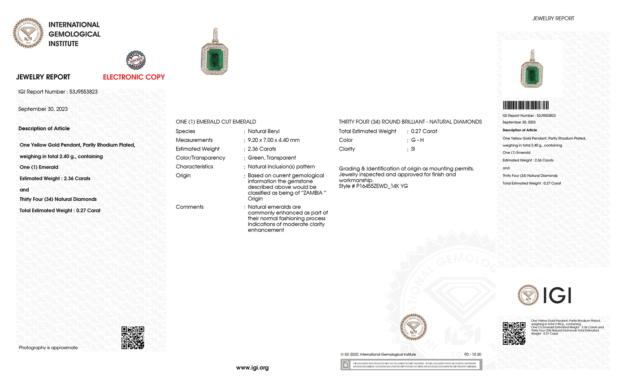 IGI Certified 2.63 Carat Genuine Zambian Emerald and White Diamond 14K Yellow Gold Pendant-International Gemological Institute Diamond Report