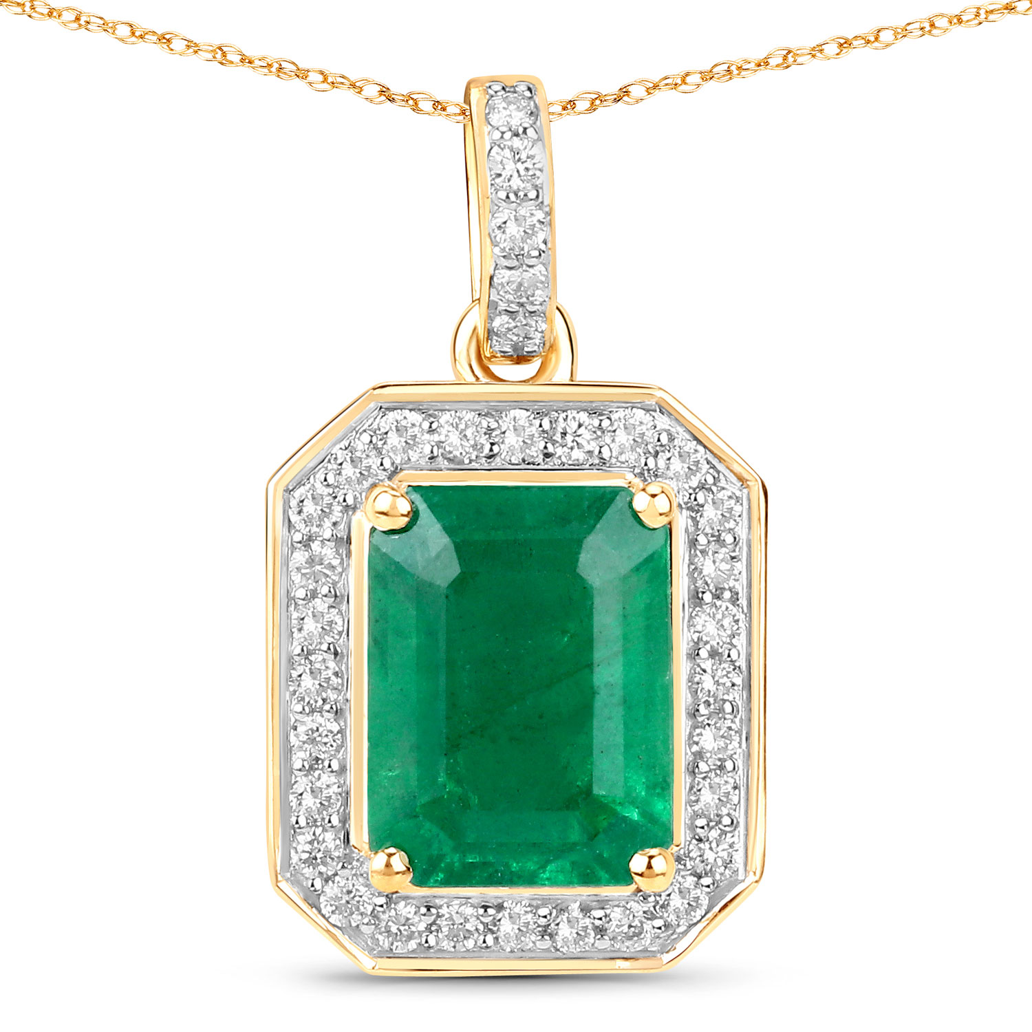 IGI Certified 2.63 Carat Genuine Zambian Emerald and White Diamond 14K Yellow Gold Pendant
