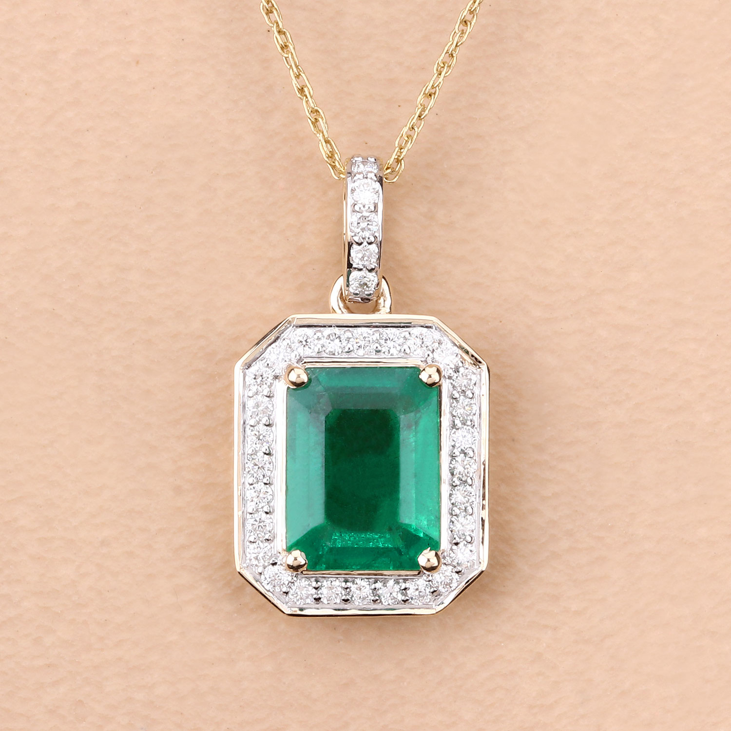 IGI Certified 2.63 Carat Genuine Zambian Emerald and White Diamond 14K Yellow Gold Pendant