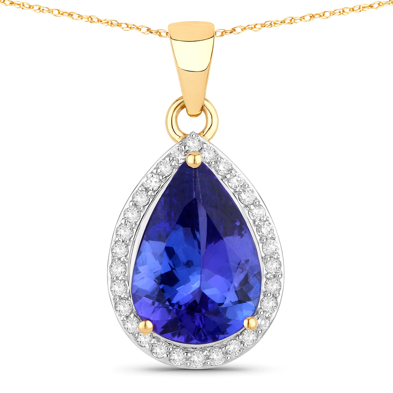 3.29 Carat Genuine Tanzanite and White Diamond 14K Yellow Gold Pendant