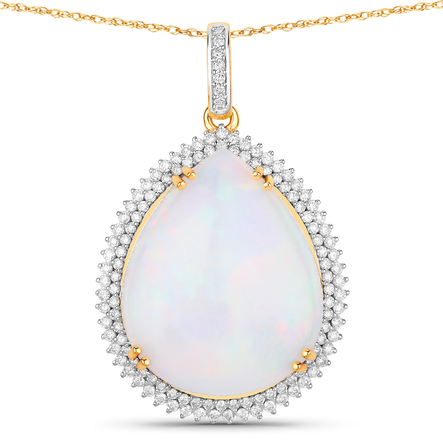12.74 Carat Genuine Ethiopian Opal and White Diamond 14K Yellow Gold Pendant