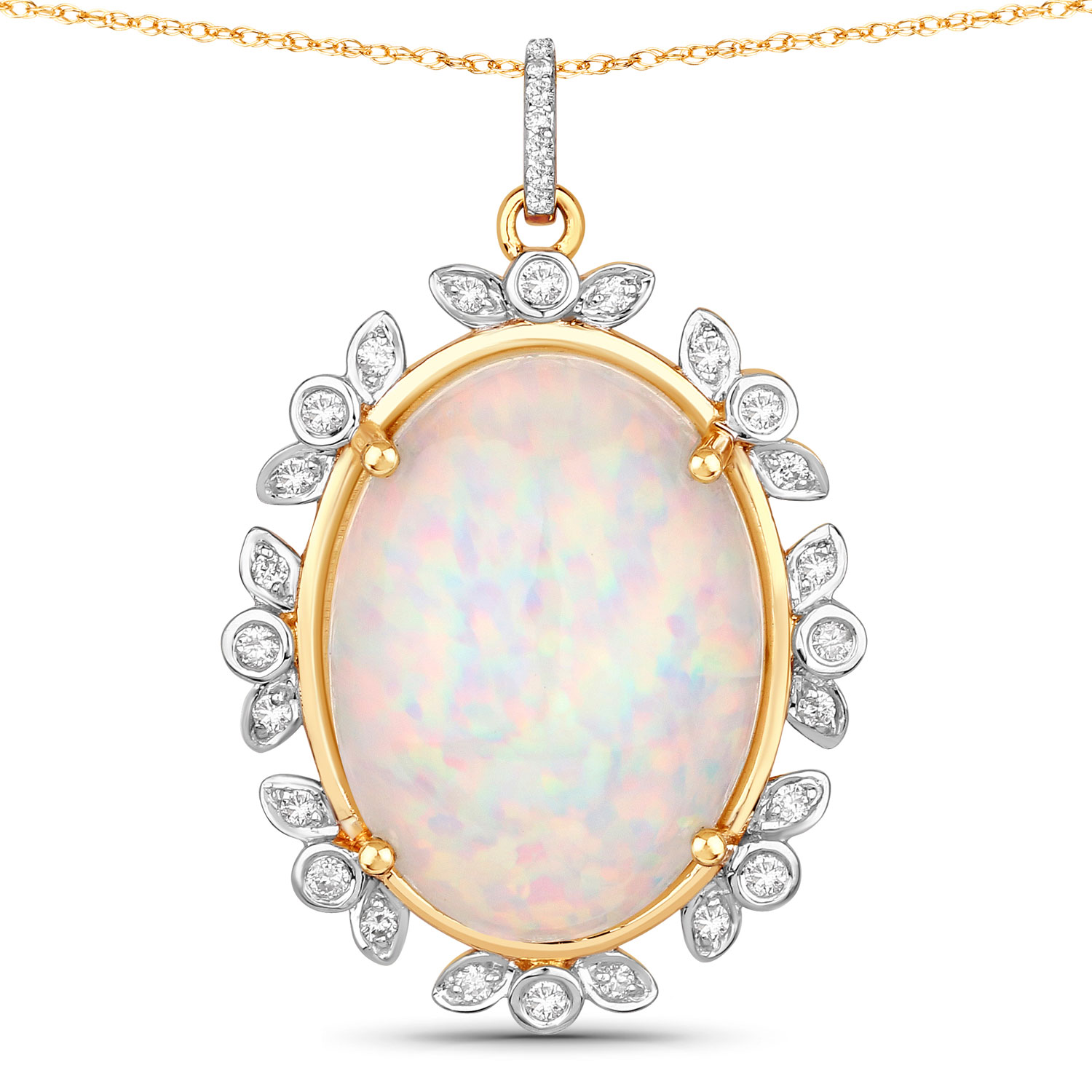 12.26 Carat Genuine Ethiopian Opal and White Diamond 14K Yellow Gold Pendant