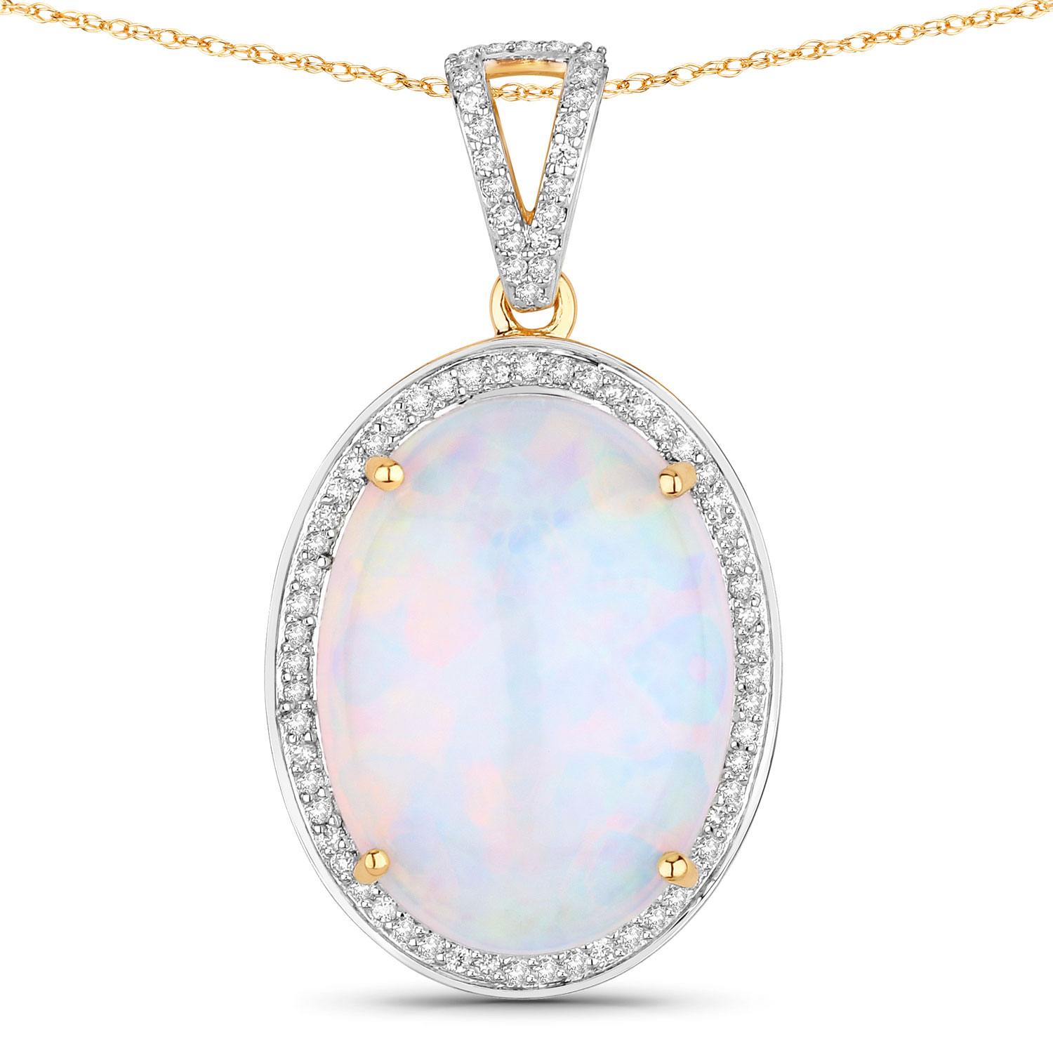 10.16 Carat Genuine Ethiopian Opal and White Diamond 14K Yellow Gold Pendant