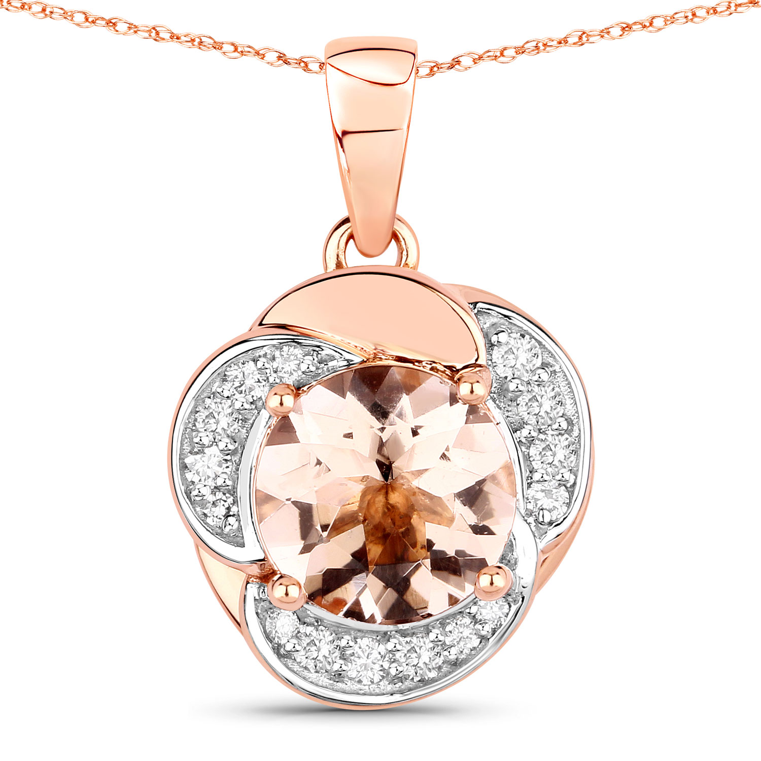 1.85 Carat Genuine Morganite and White Diamond 14K Rose Gold Pendant