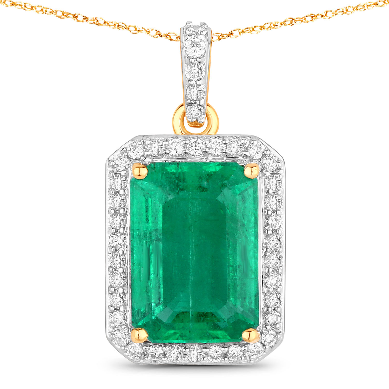 IGI Certified 4.91 Carat Genuine Zambian Emerald and White Diamond 18K Yellow Gold Pendant