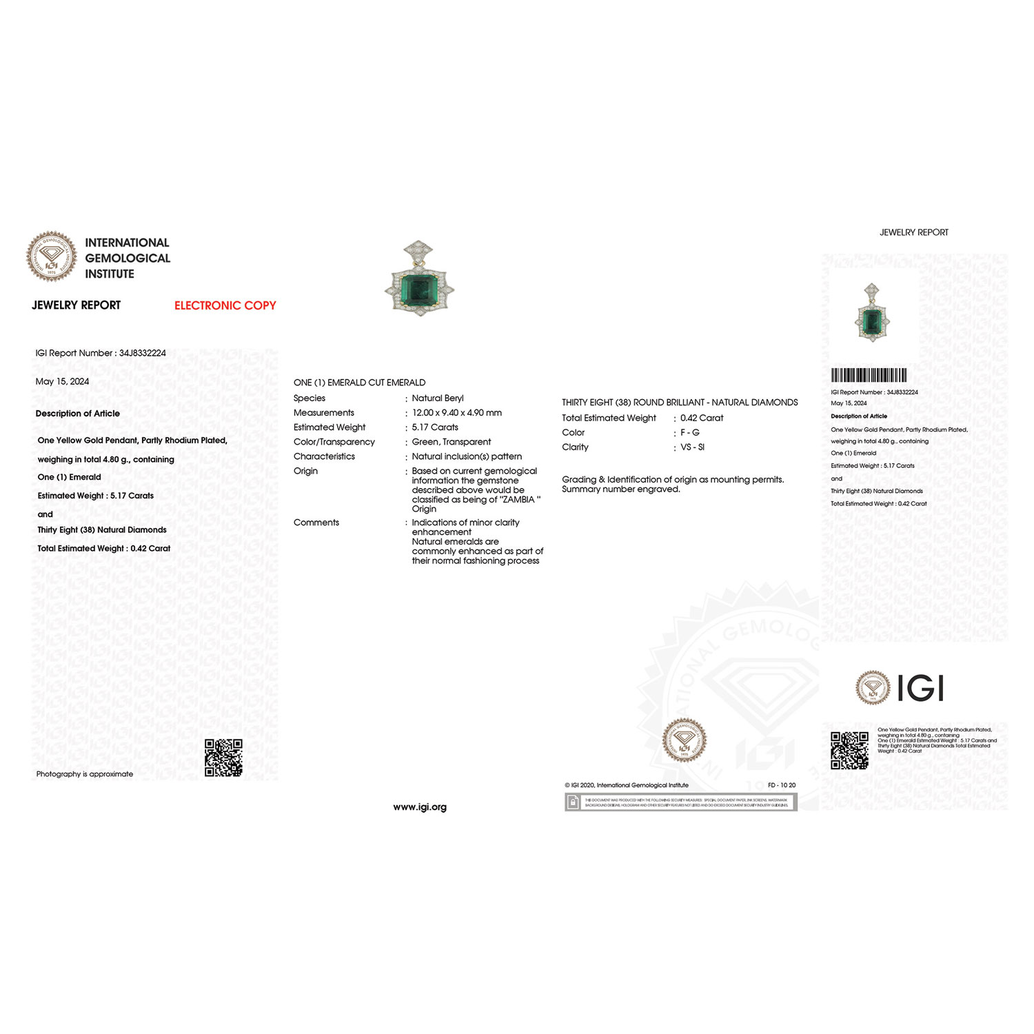 IGI Certified 5.59 Carat Genuine Zambian Emerald and White Diamond 18K Yellow Gold Pendant-International Gemological Institute Diamond Report
