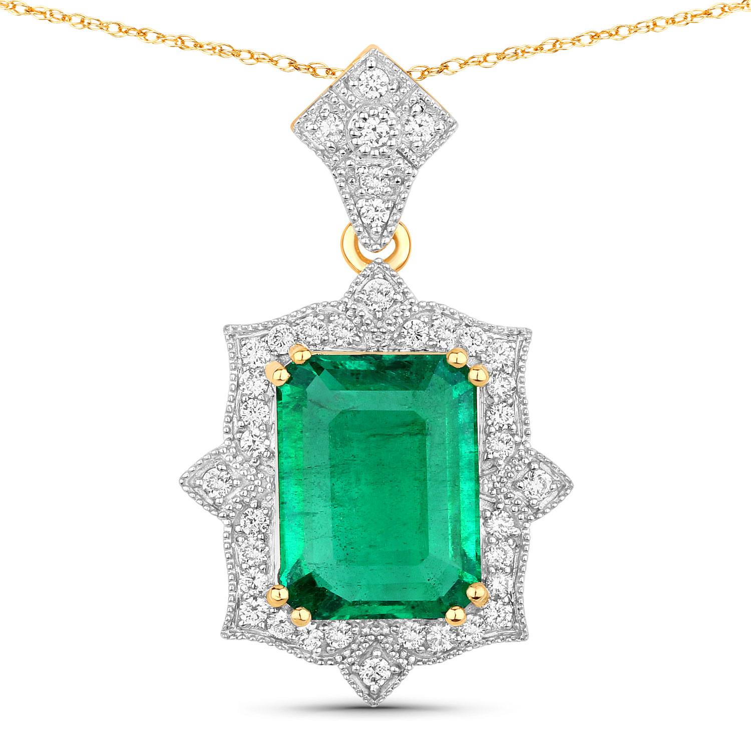IGI Certified 5.59 Carat Genuine Zambian Emerald and White Diamond 18K Yellow Gold Pendant
