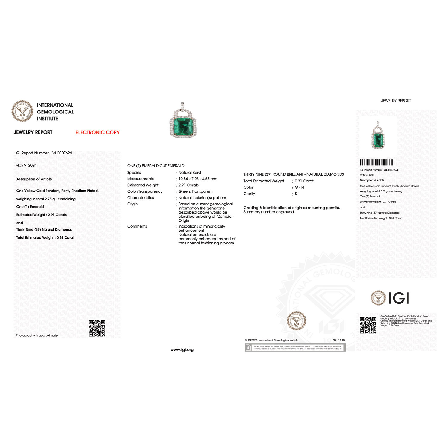 IGI Certified 3.22 Carat Genuine Zambian Emerald and White Diamond 18K Yellow Gold Pendant-International Gemological Institute Diamond Report