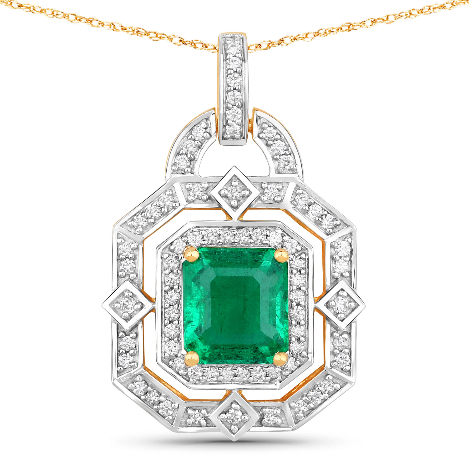 IGI Certified 2.37 Carat Genuine Zambian Emerald and White Diamond 18K Yellow Gold Pendant