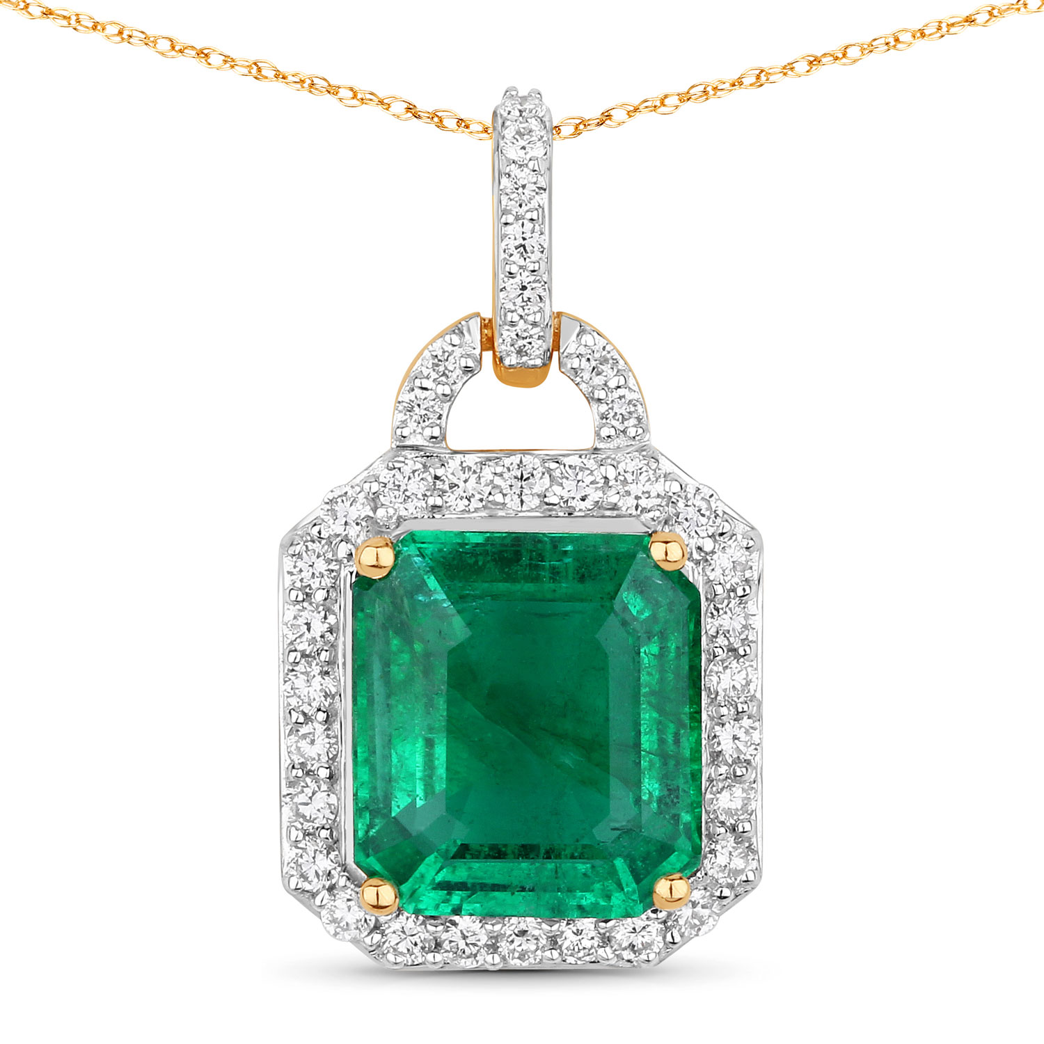 IGI Certified 3.38 Carat Genuine Zambian Emerald and White Diamond 18K Yellow Gold Pendant