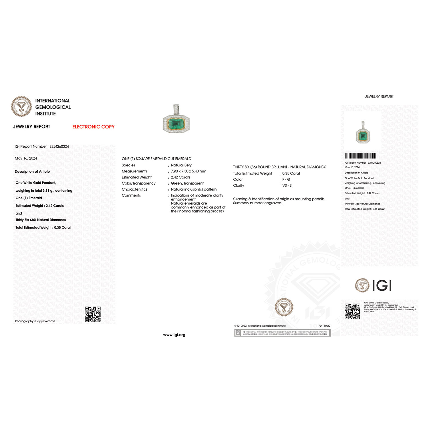 IGI Certified 2.77 Carat Genuine Zambian Emerald and White Diamond 18K White Gold Pendant-International Gemological Institute Diamond Report