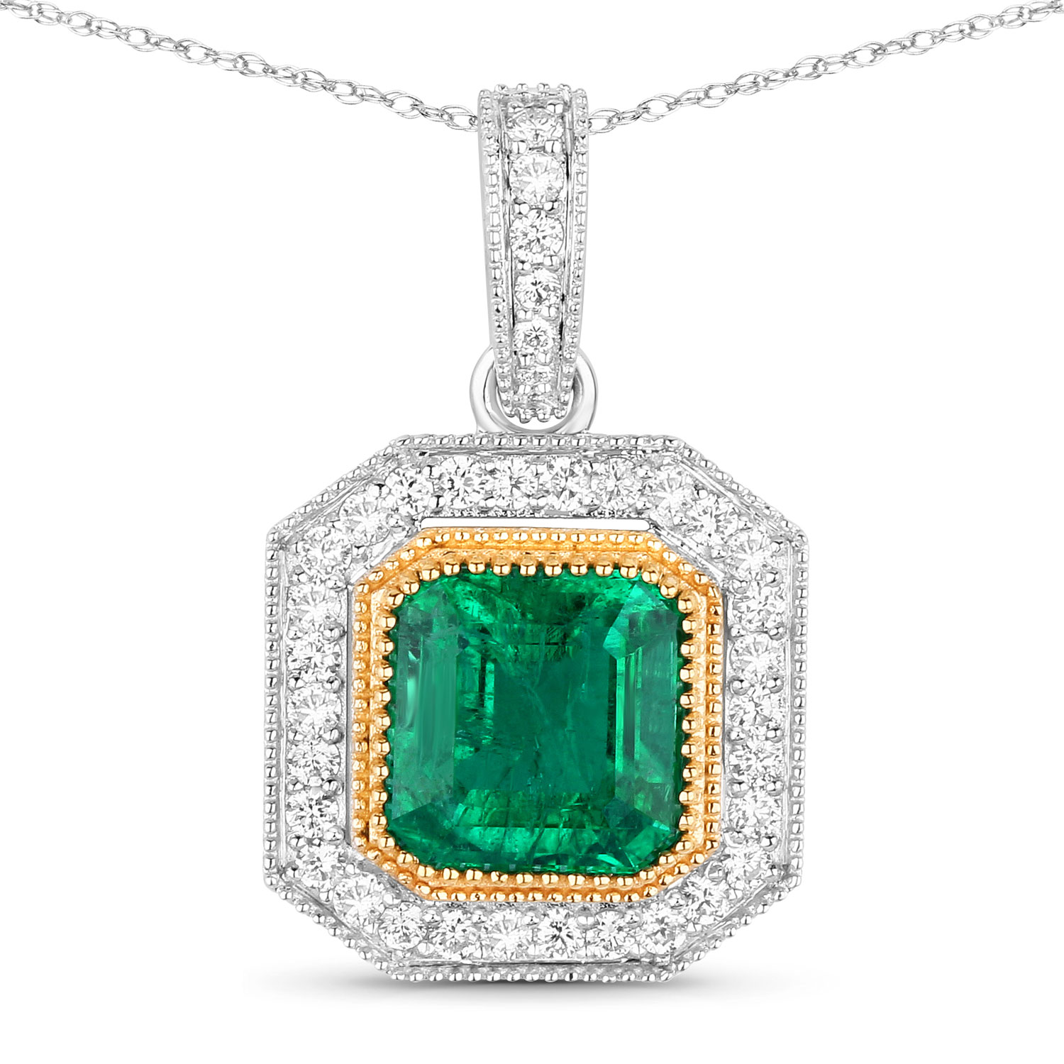 IGI Certified 2.77 Carat Genuine Zambian Emerald and White Diamond 18K White Gold Pendant