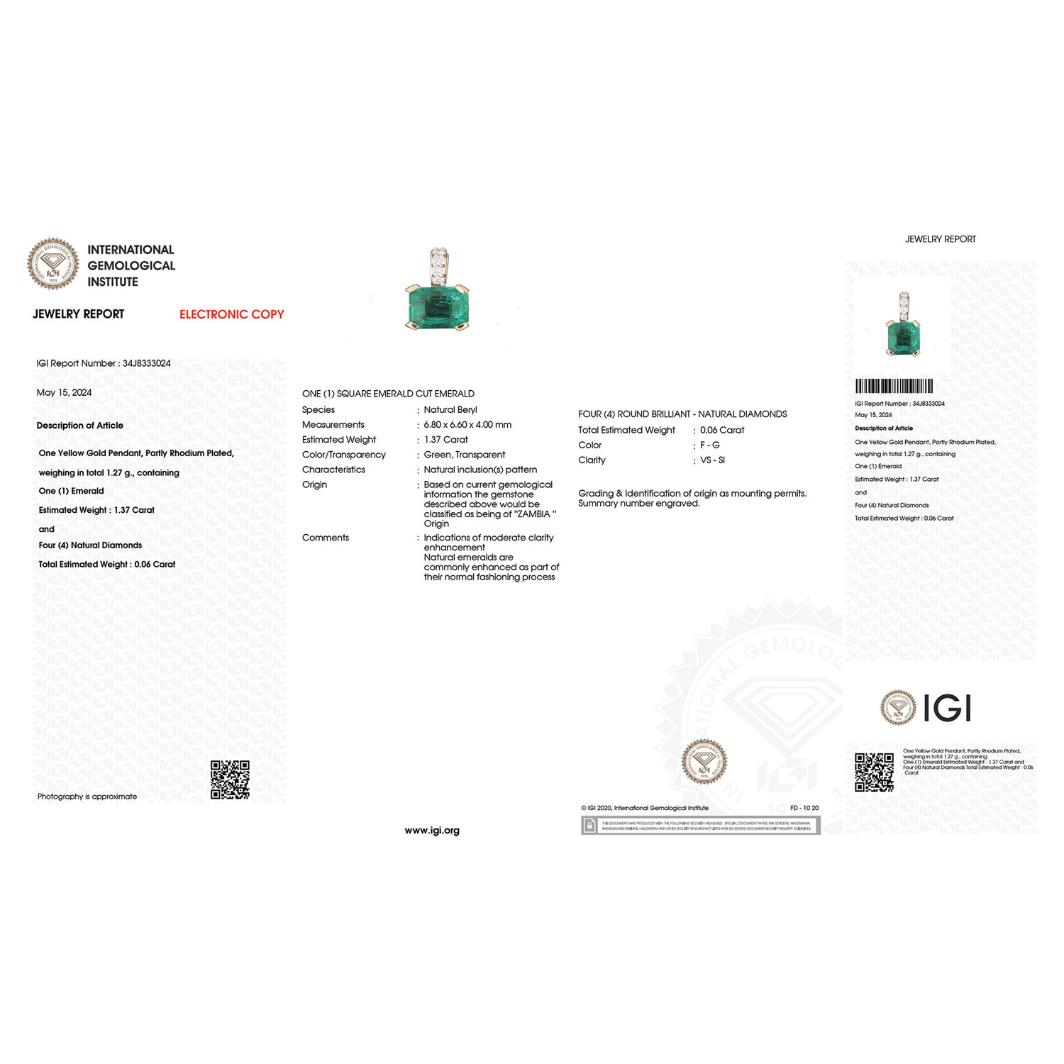 IGI Certified 1.43 Carat Genuine Zambian Emerald and White Diamond 18K Yellow Gold Pendant-International Gemological Institute Diamond Report