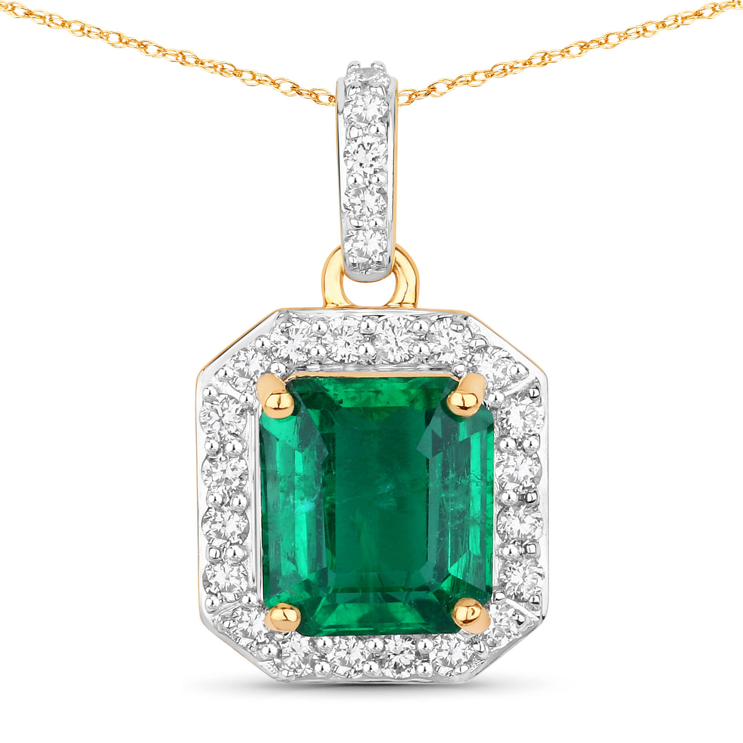 IGI Certified 2.58 Carat Genuine Zambian Emerald and White Diamond 18K Yellow Gold Pendant