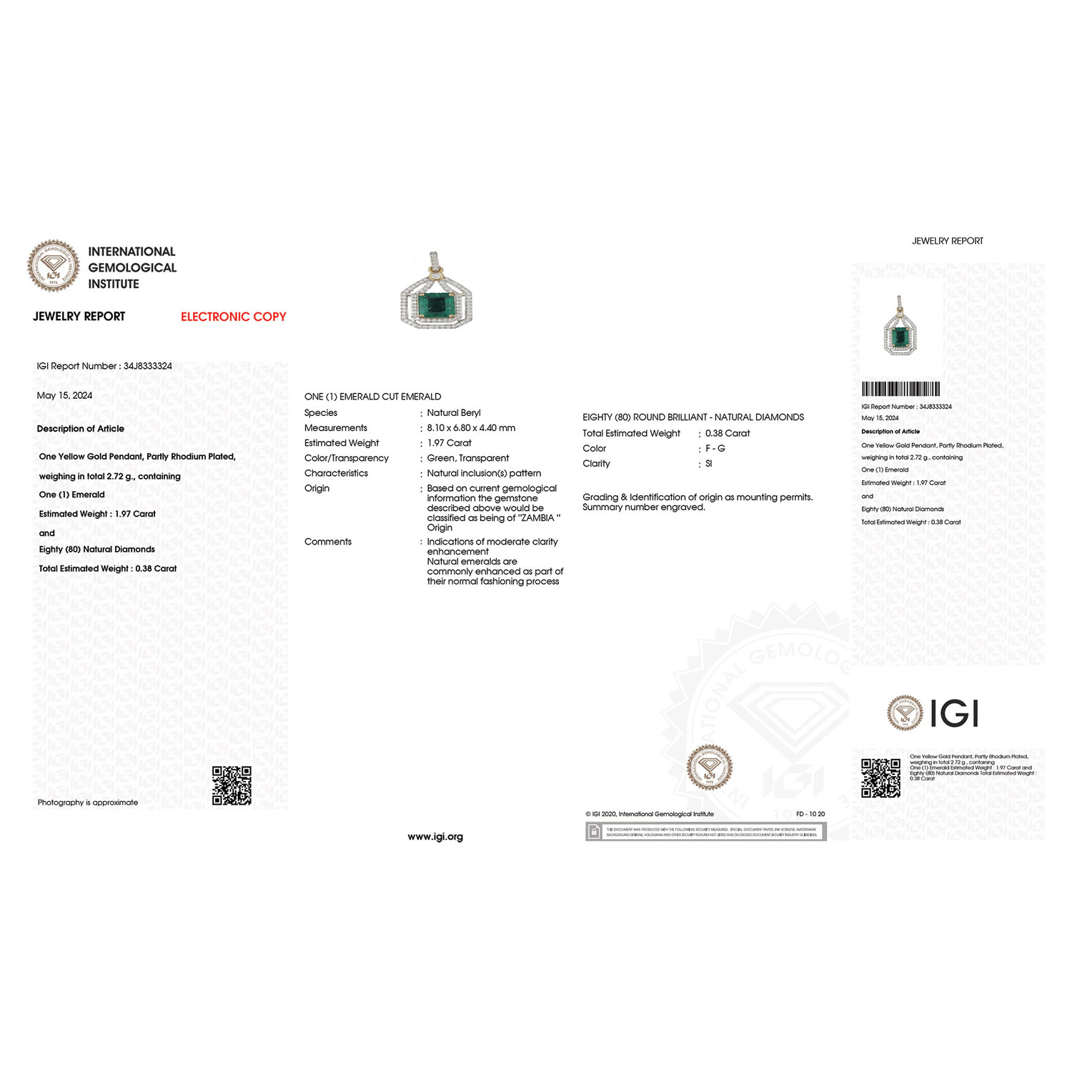 IGI Certified 2.35 Carat Genuine Zambian Emerald and White Diamond 18K Yellow Gold Pendant-International Gemological Institute Diamond Report