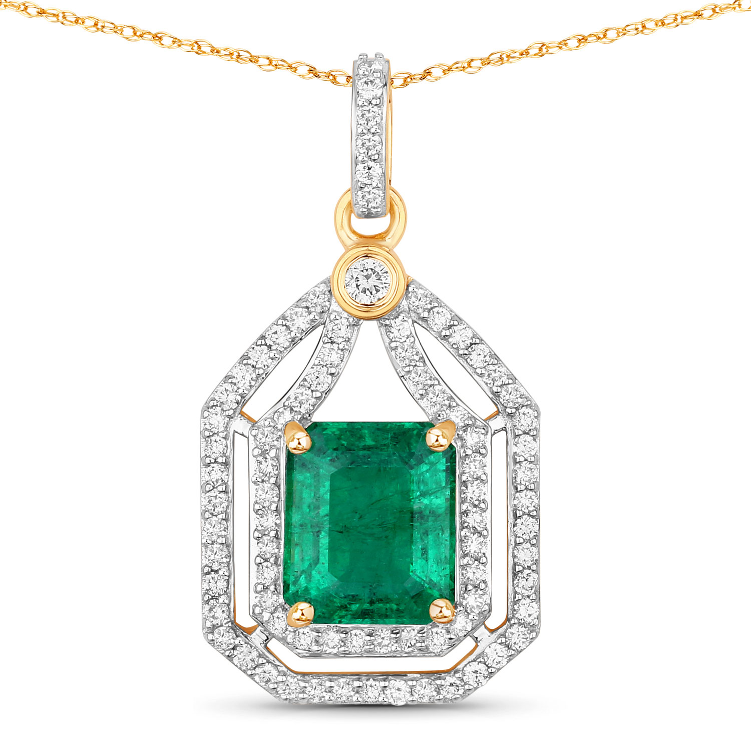 IGI Certified 2.35 Carat Genuine Zambian Emerald and White Diamond 18K Yellow Gold Pendant