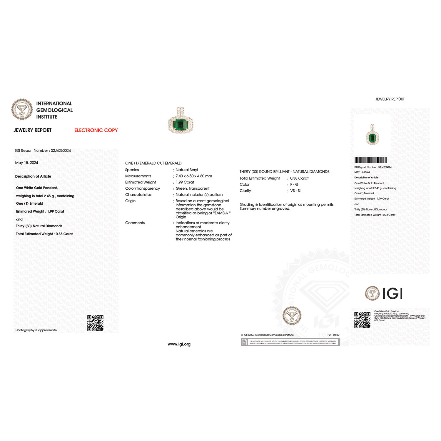 IGI Certified 2.37 Carat Genuine Zambian Emerald and White Diamond 18K White Gold Pendant-International Gemological Institute Diamond Report