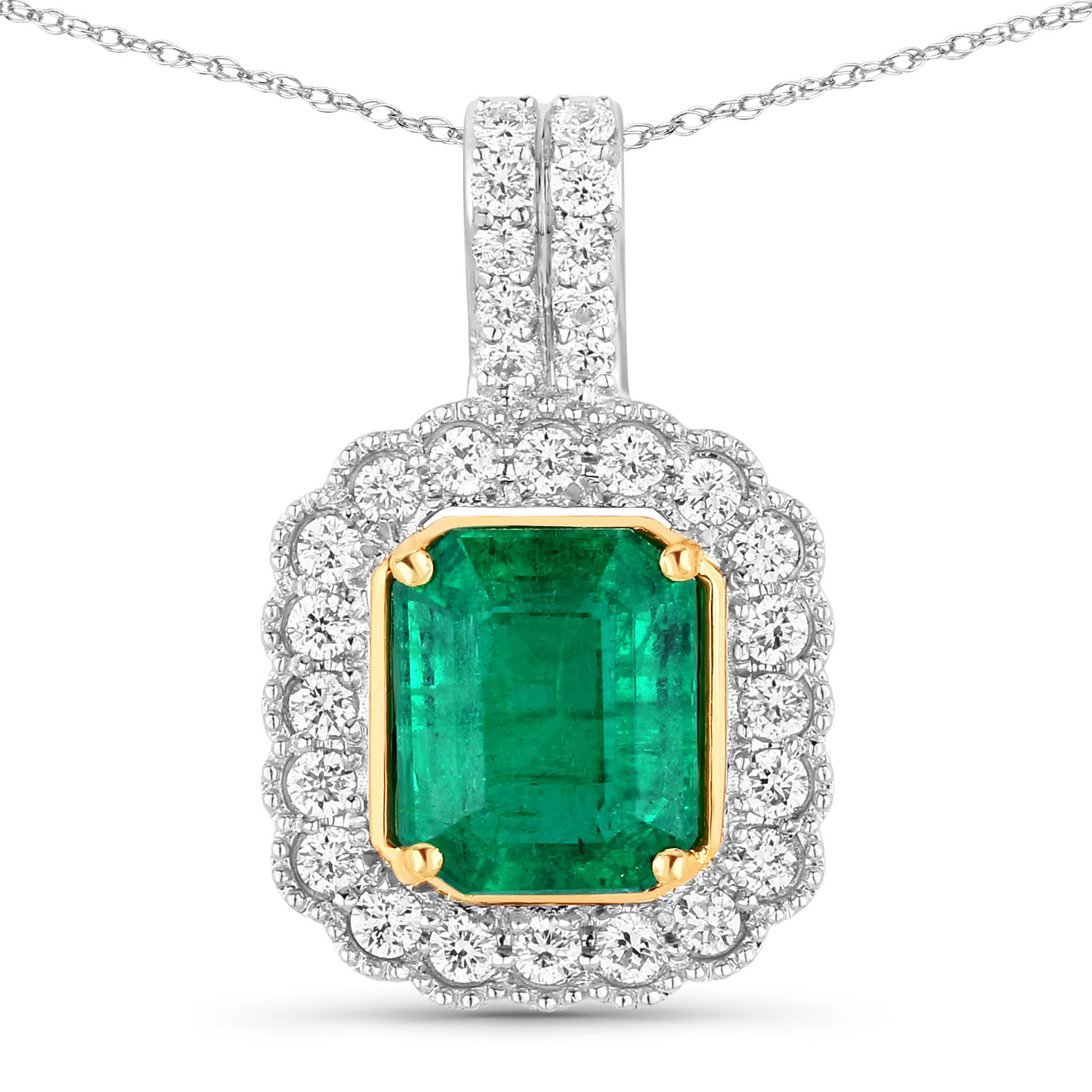 IGI Certified 2.37 Carat Genuine Zambian Emerald and White Diamond 18K White Gold Pendant