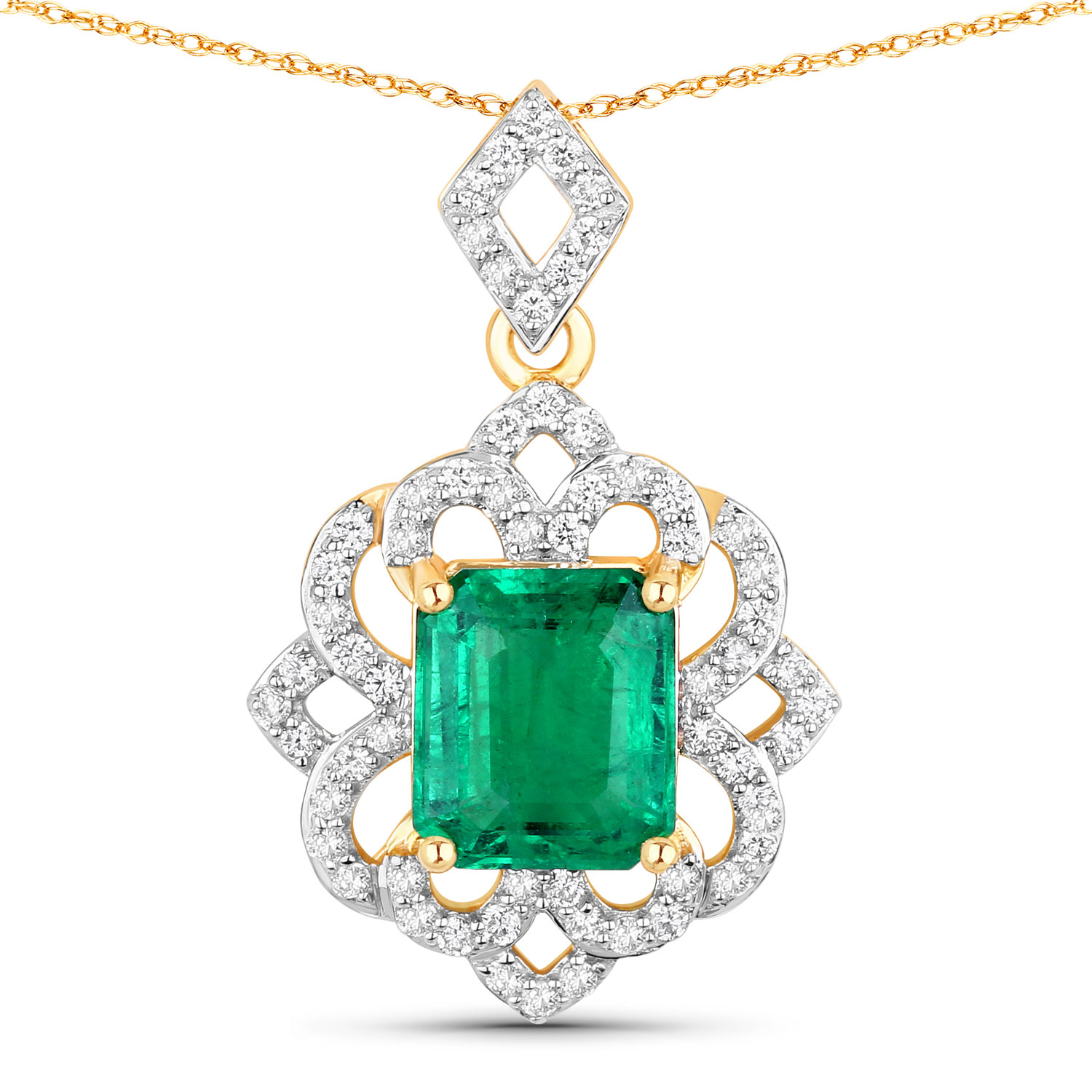 IGI Certified 2.03 Carat Genuine Zambian Emerald and White Diamond 18K Yellow Gold Pendant