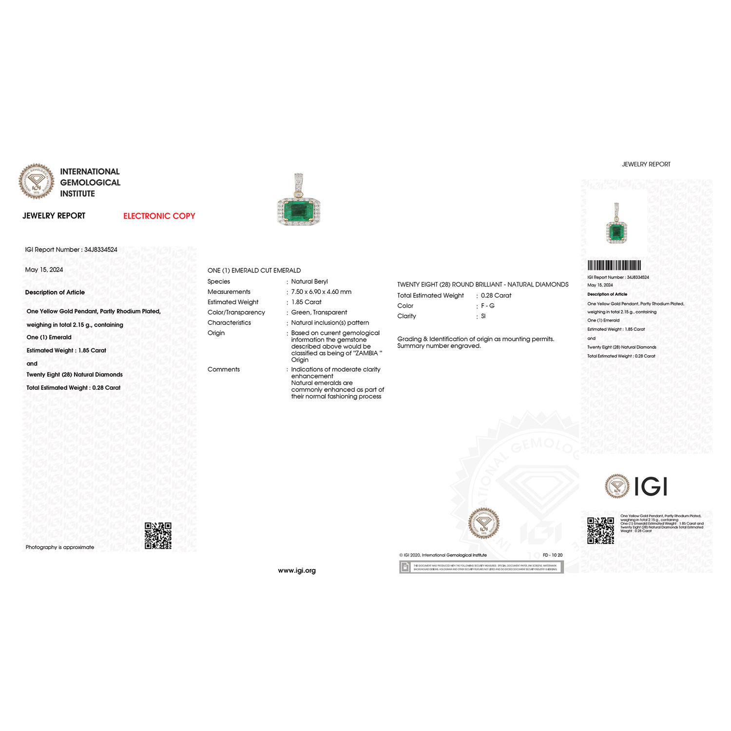 IGI Certified 2.13 Carat Genuine Zambian Emerald and White Diamond 18K Yellow Gold Pendant-International Gemological Institute Diamond Report