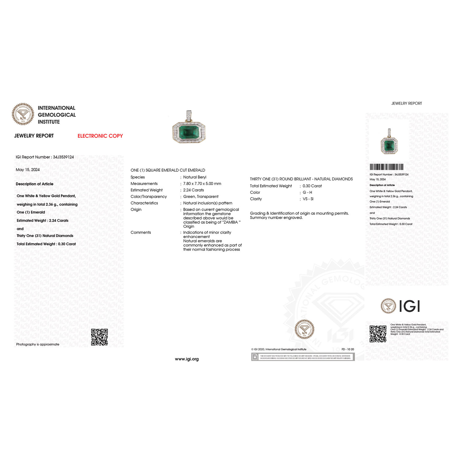 IGI Certified 2.54 Carat Genuine Zambian Emerald and White Diamond 18K Yellow Gold Pendant-International Gemological Institute Diamond Report