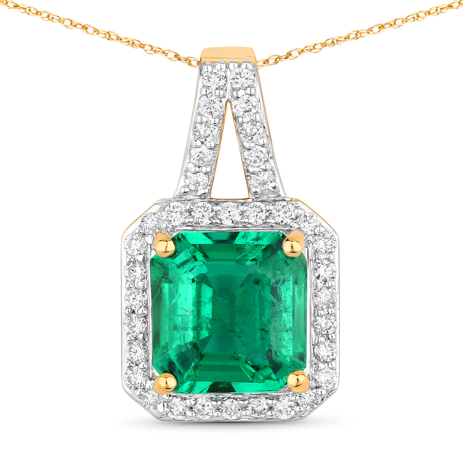 IGI Certified 1.88 Carat Genuine Zambian Emerald and White Diamond 18K Yellow Gold Pendant