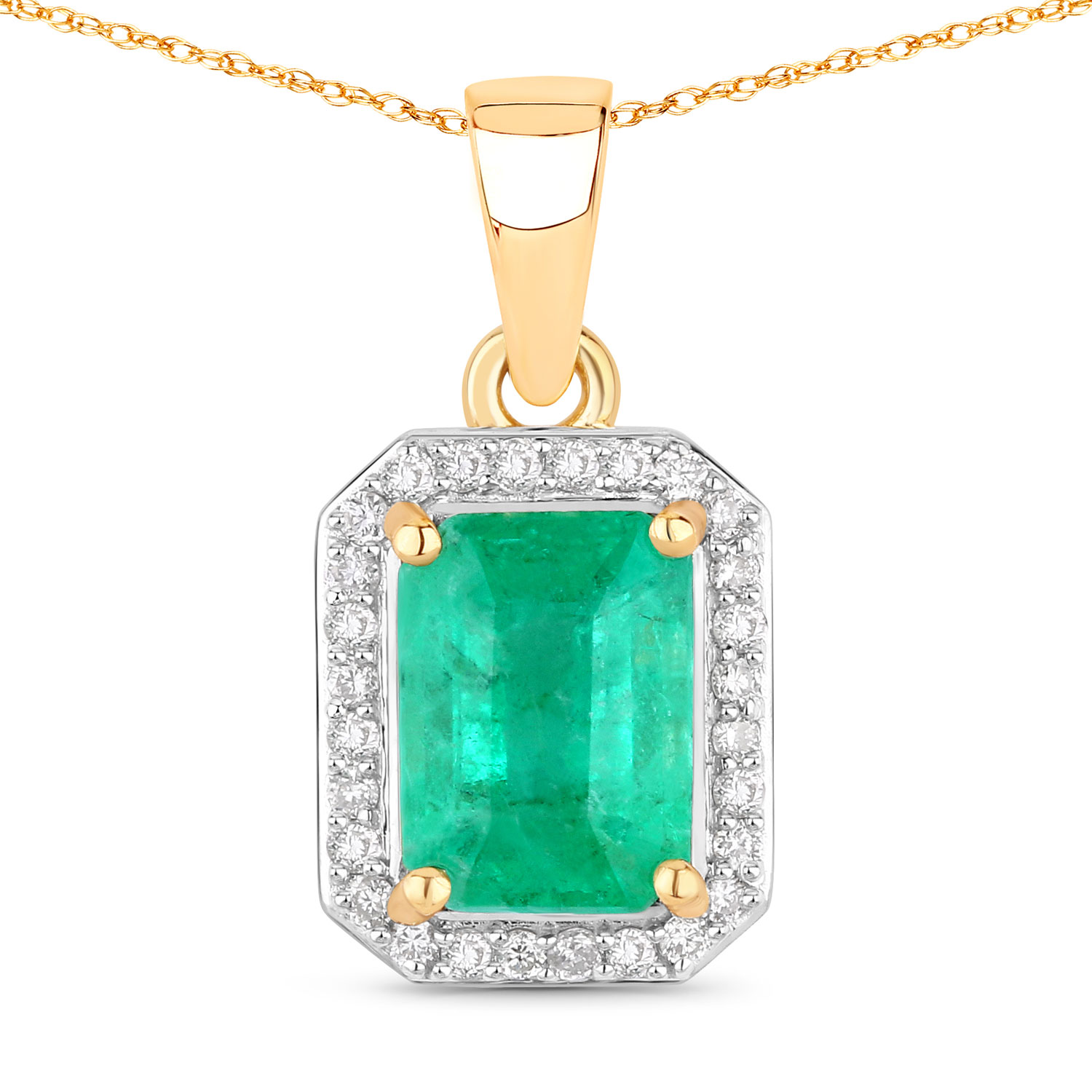 1.60 Carat Genuine Ethiopian Emerald and White Diamond 14K Yellow Gold Pendant