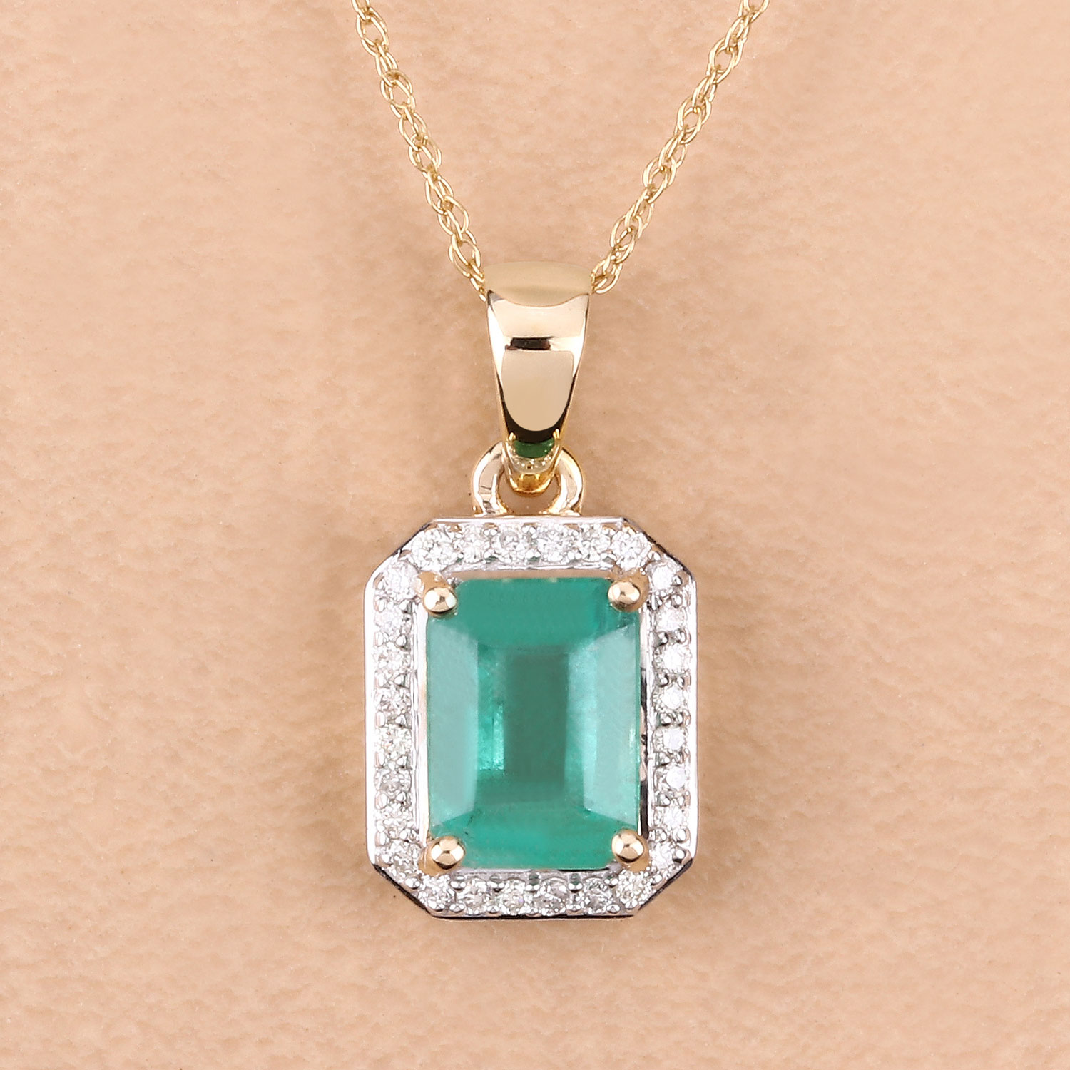 1.60 Carat Genuine Ethiopian Emerald and White Diamond 14K Yellow Gold Pendant