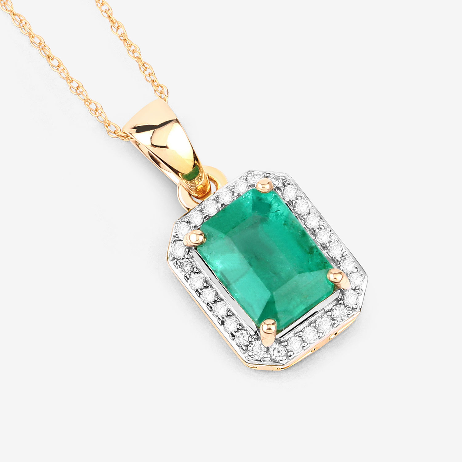1.60 Carat Genuine Ethiopian Emerald and White Diamond 14K Yellow Gold Pendant