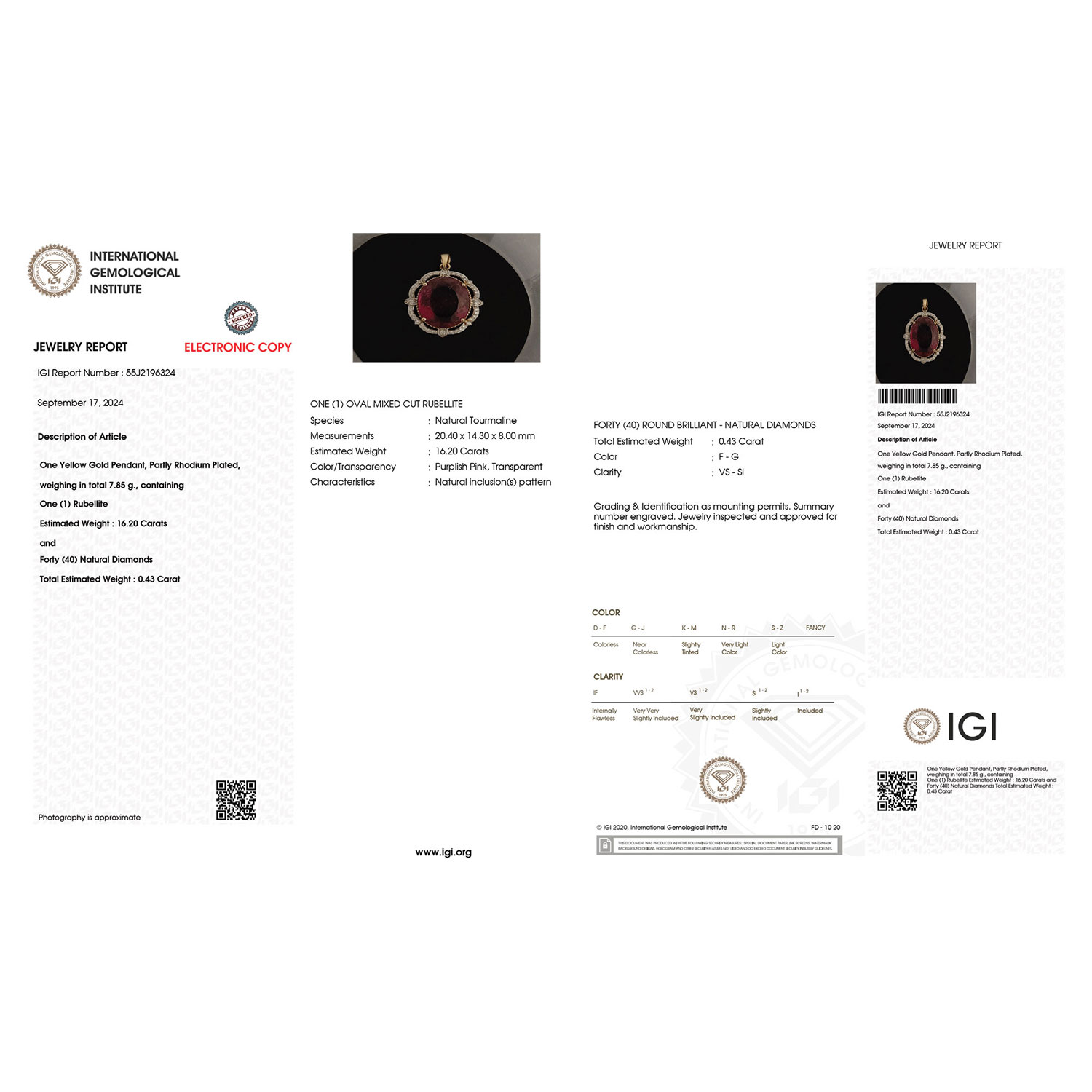 16.63 Carat Genuine Rubellite and White Diamond 14K Yellow Gold Pendant-International Gemological Institute Diamond Report