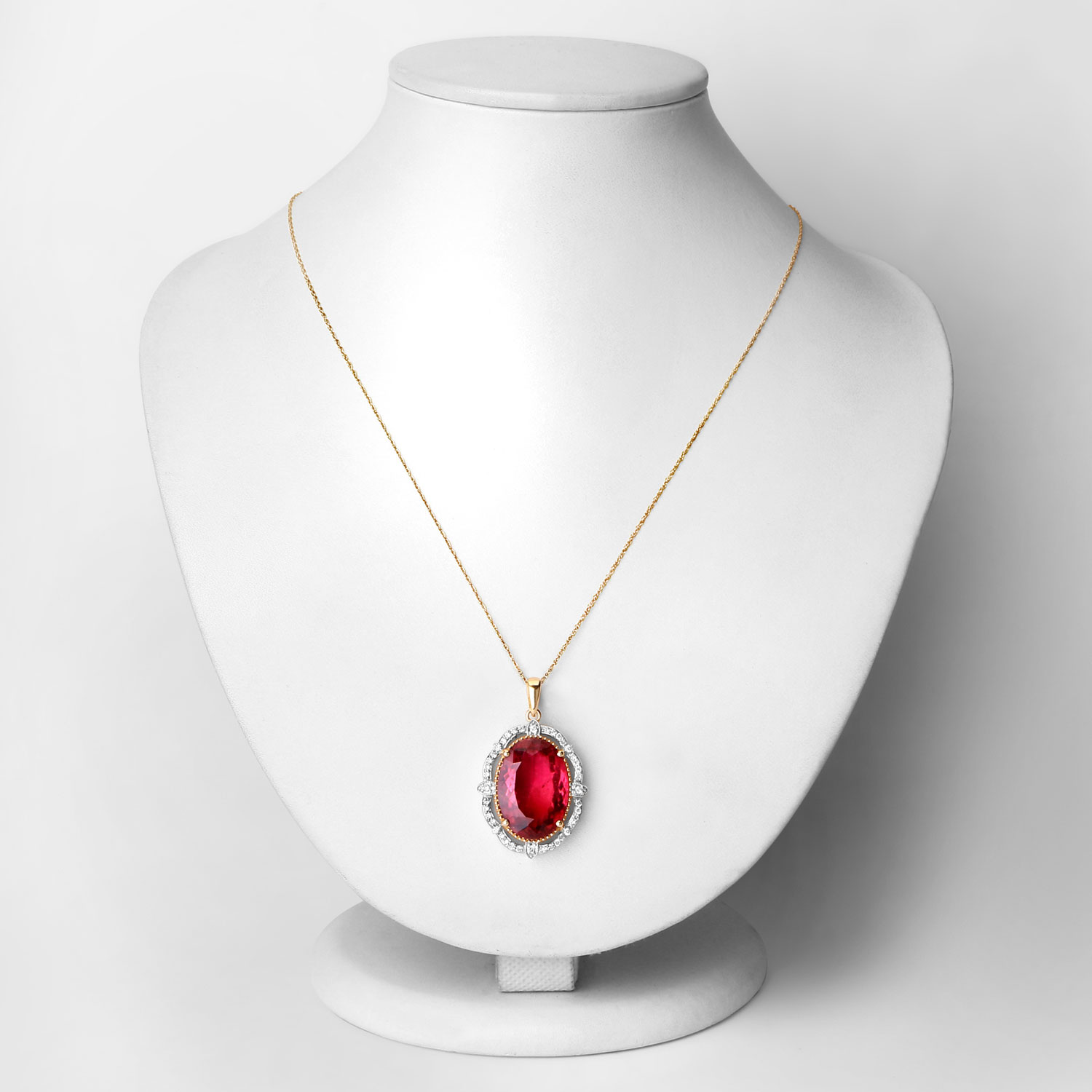 16.63 Carat Genuine Rubellite and White Diamond 14K Yellow Gold Pendant