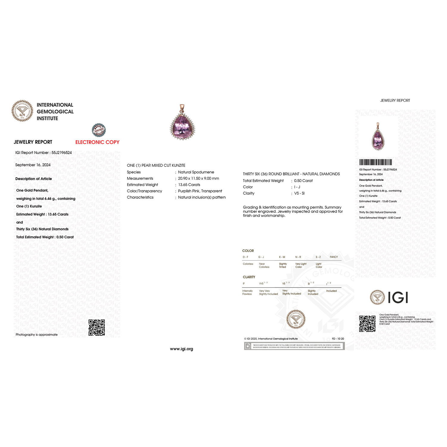 14.15 Carat Genuine Kunzite and White Diamond 14K Rose Gold Pendant-International Gemological Institute Diamond Report