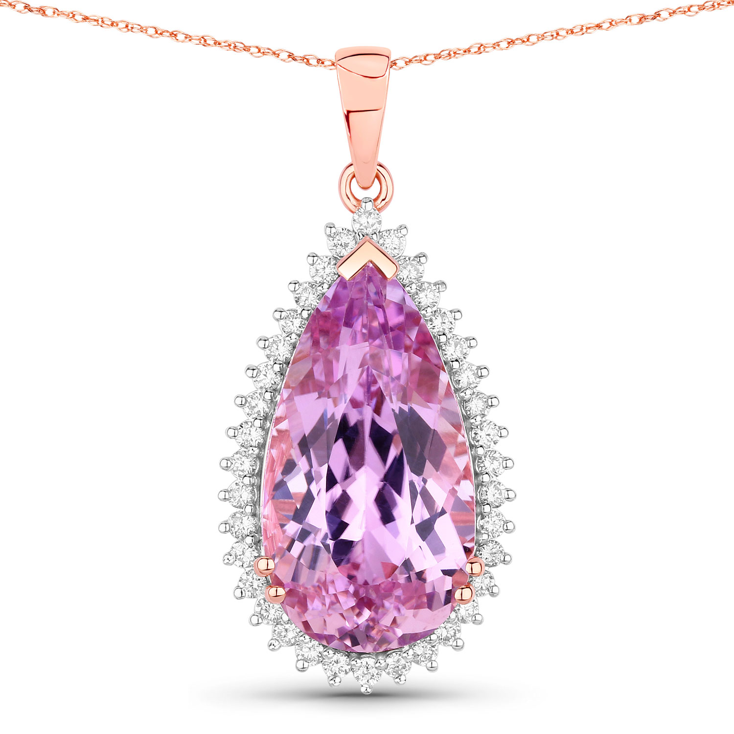 14.15 Carat Genuine Kunzite and White Diamond 14K Rose Gold Pendant
