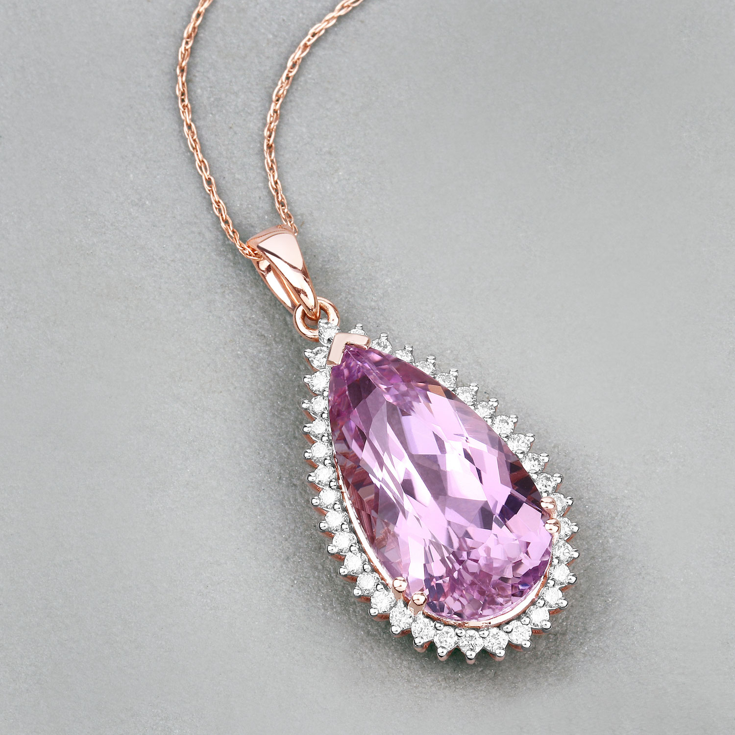14.15 Carat Genuine Kunzite and White Diamond 14K Rose Gold Pendant
