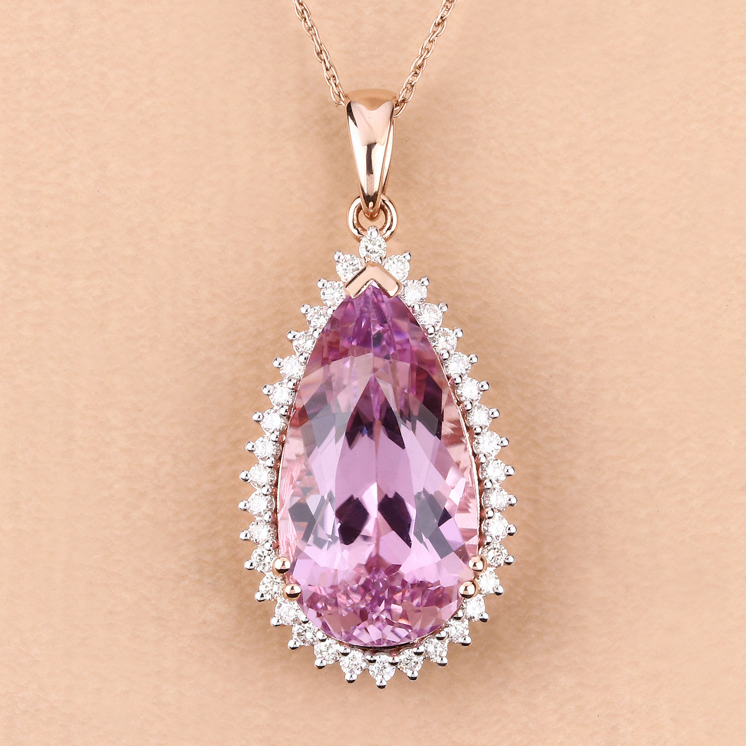 14.15 Carat Genuine Kunzite and White Diamond 14K Rose Gold Pendant