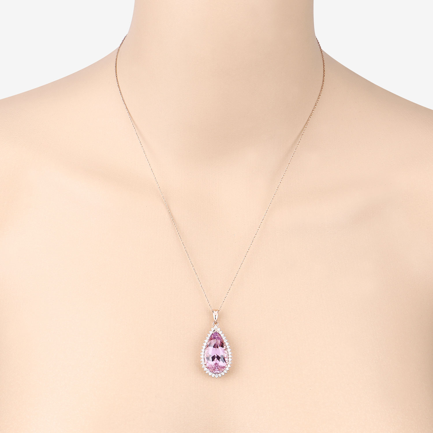 14.15 Carat Genuine Kunzite and White Diamond 14K Rose Gold Pendant