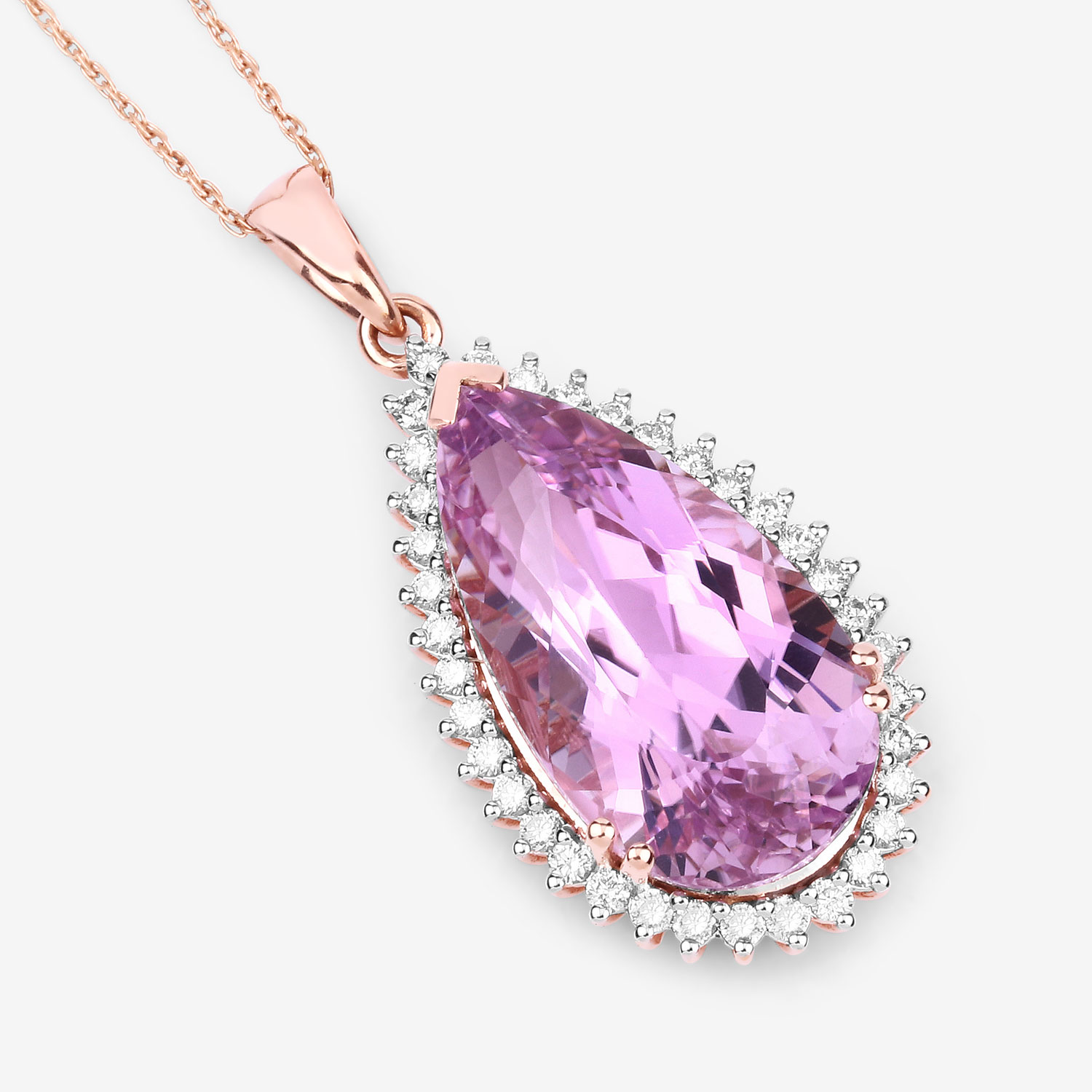 14.15 Carat Genuine Kunzite and White Diamond 14K Rose Gold Pendant