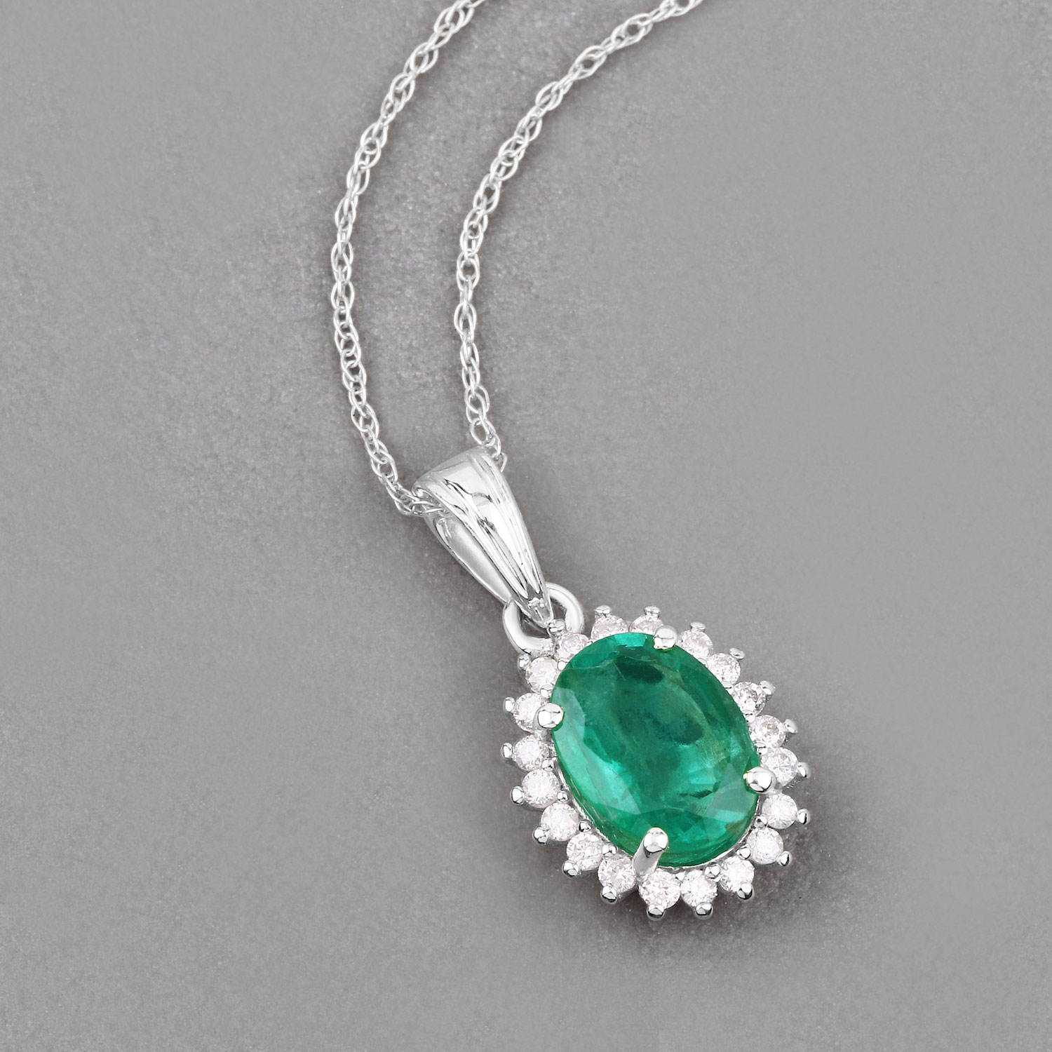 1.36 Carat Genuine Zambian Emerald and White Diamond 10K White Gold Pendant