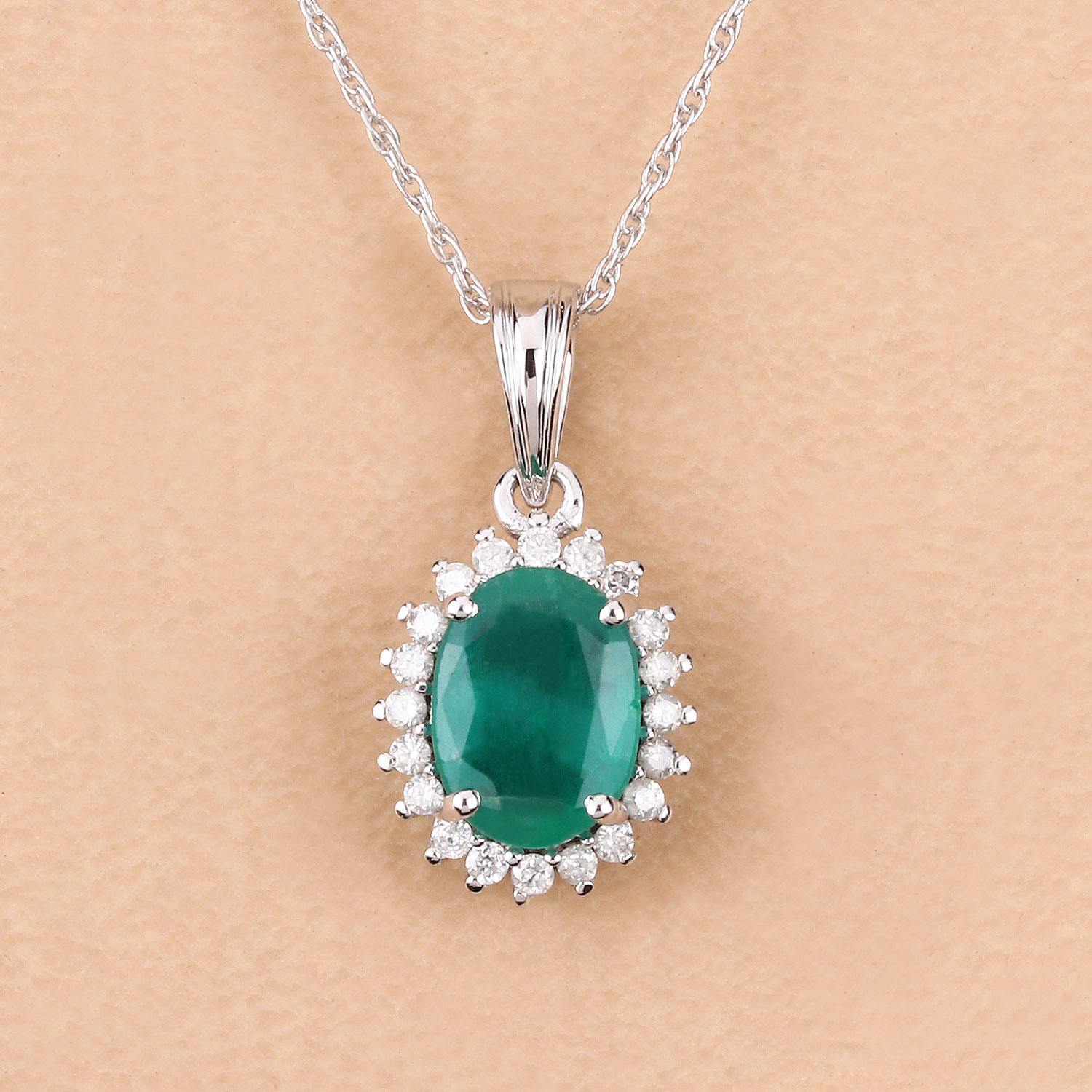 1.36 Carat Genuine Zambian Emerald and White Diamond 10K White Gold Pendant