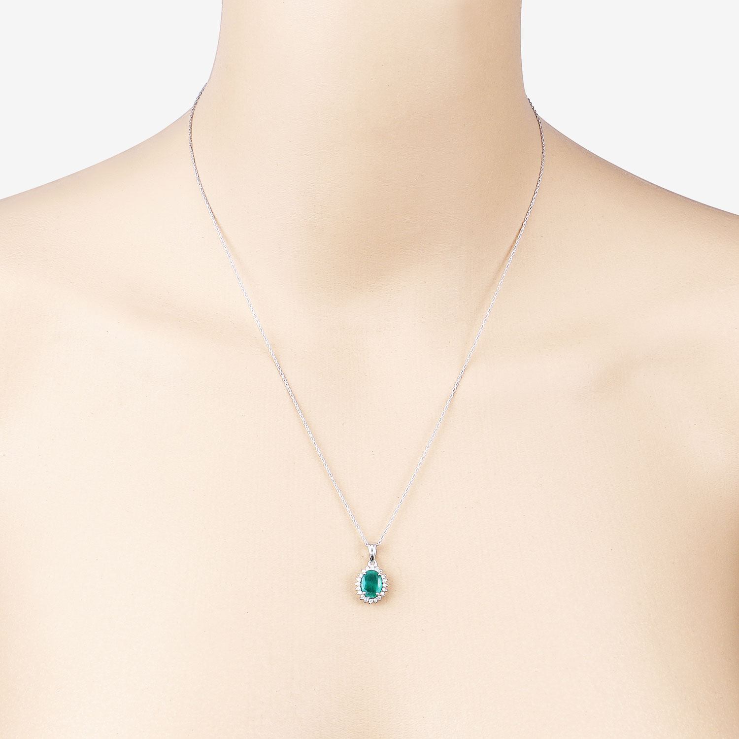 1.36 Carat Genuine Zambian Emerald and White Diamond 10K White Gold Pendant