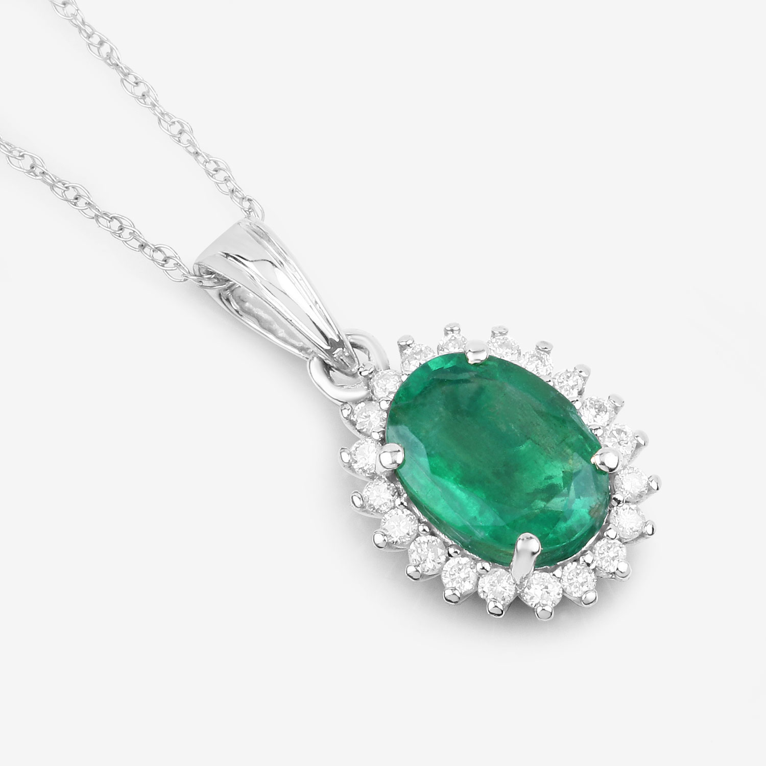 1.36 Carat Genuine Zambian Emerald and White Diamond 10K White Gold Pendant