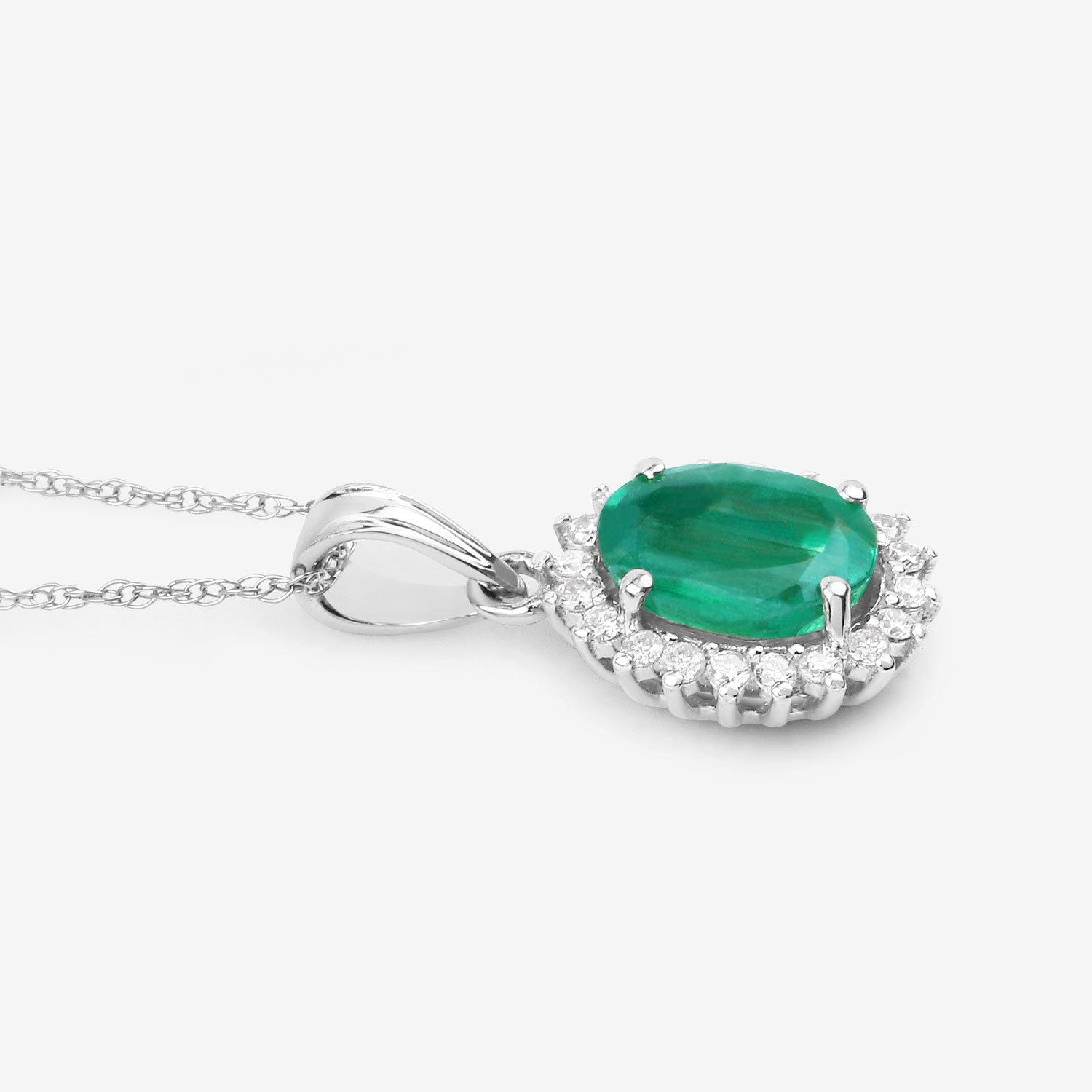 1.36 Carat Genuine Zambian Emerald and White Diamond 10K White Gold Pendant