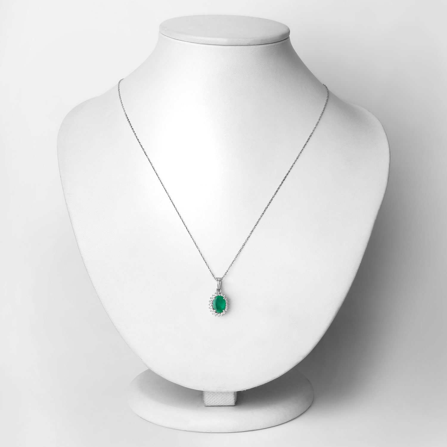 1.36 Carat Genuine Zambian Emerald and White Diamond 10K White Gold Pendant