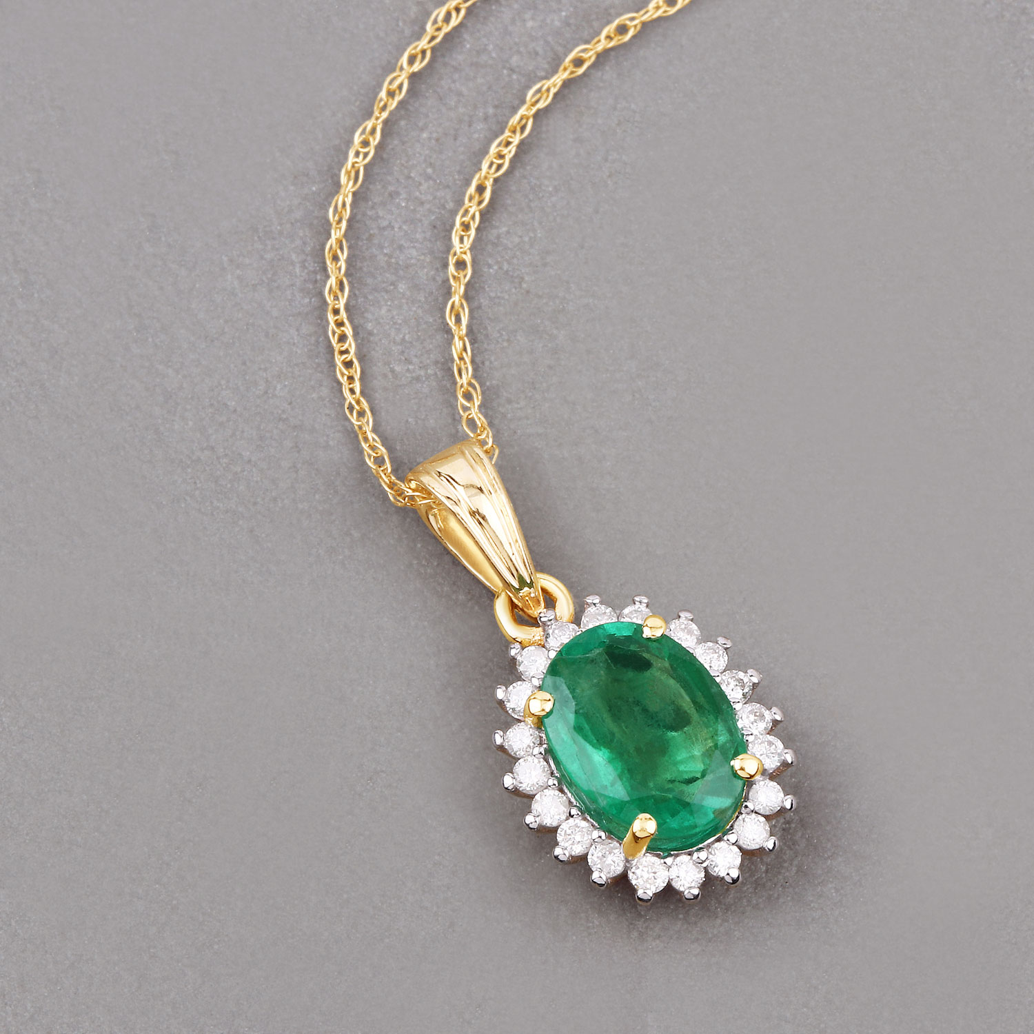 1.36 Carat Genuine Zambian Emerald and White Diamond 10K Yellow Gold Pendant