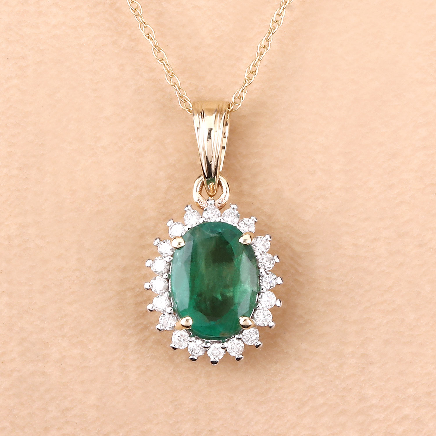 1.36 Carat Genuine Zambian Emerald and White Diamond 10K Yellow Gold Pendant