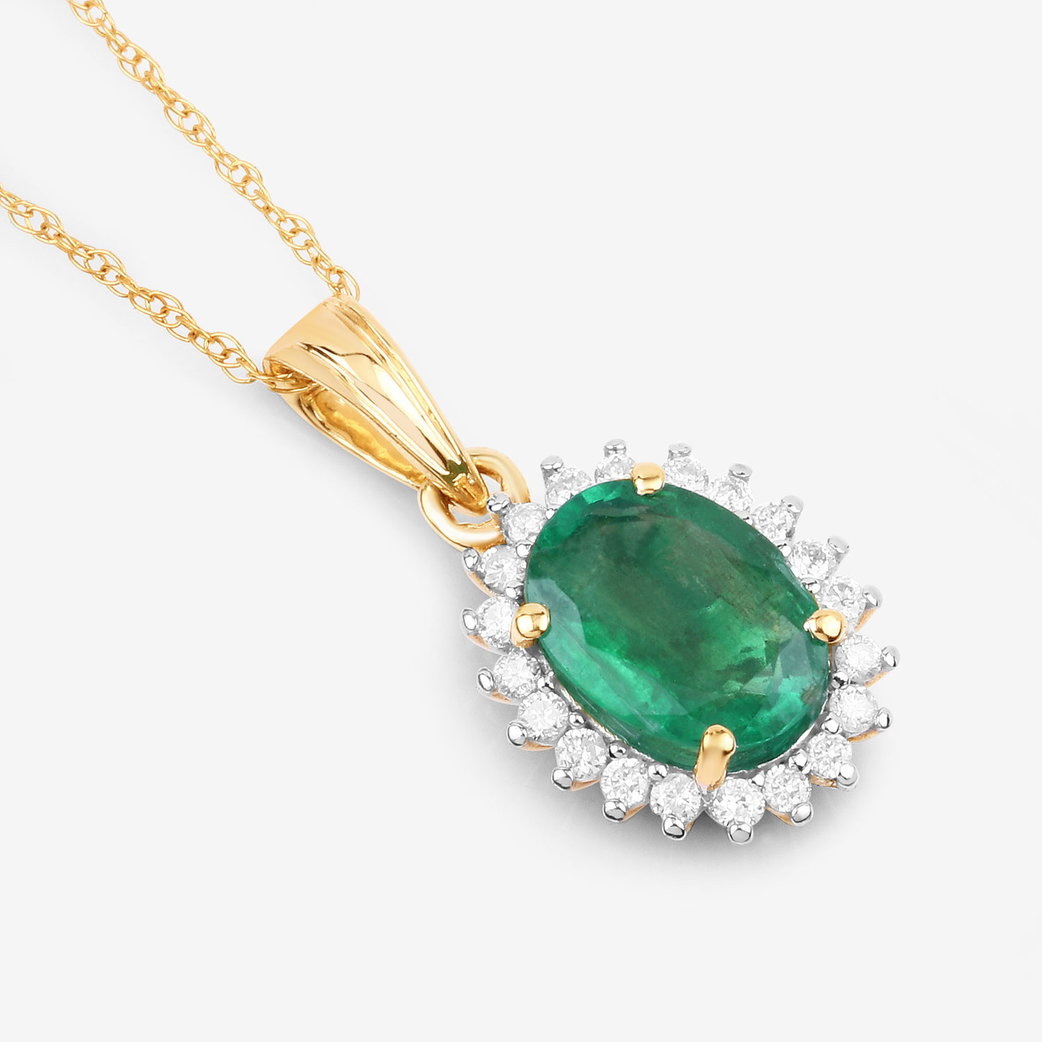 1.36 Carat Genuine Zambian Emerald and White Diamond 10K Yellow Gold Pendant