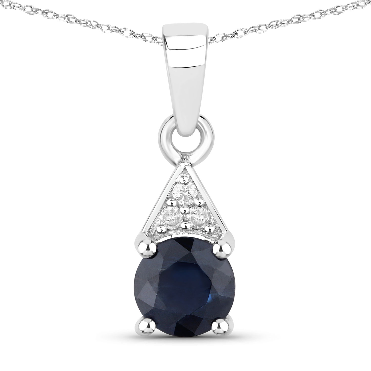 0.88 Carat Genuine Blue Sapphire and White Diamond 10K White Gold Pendant