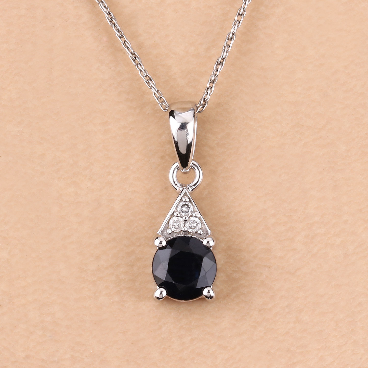 0.88 Carat Genuine Blue Sapphire and White Diamond 10K White Gold Pendant